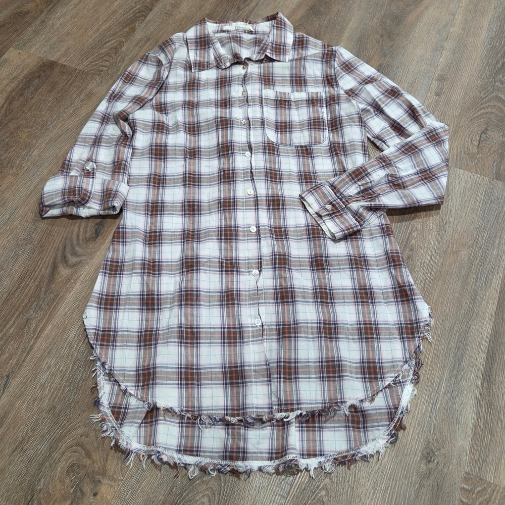 Ellison Plaid Button Down Tunic Shirt Frayed Hem Roll Tab Sleeve RT9485 Large